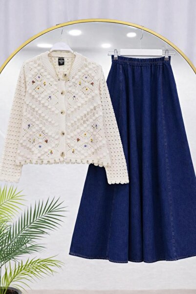 YEDİLALE Tricoted Cardigan with Flowers, Embedded Pockets, Denim Skirt, Two-P...