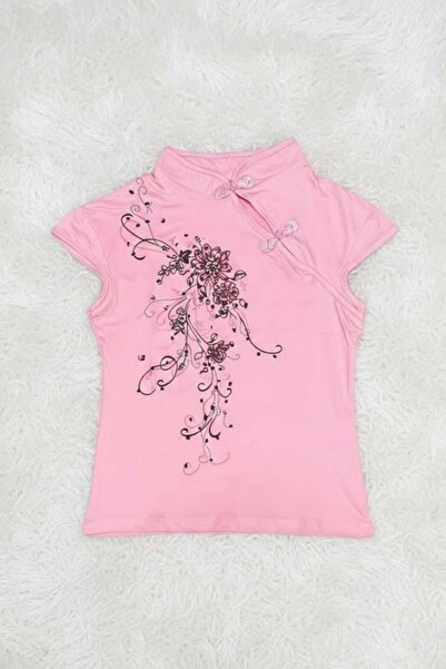 BALİNA Pink Mandarin Collar Floral Qipao Vintage Y2K Short Sleeve Crop