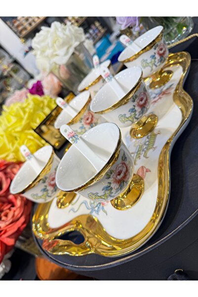 hediye Esterhomedecor Porcelain Ice Cream Set with Tray for 6 People