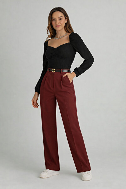 RAMİOR COLLECTION Women's Burgundy High-Waisted Palazzo Fabric Trousers – Sty...