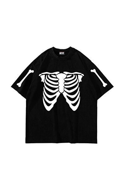 Bak Moda Ribcage Skeleton Printed Oversize Unisex Black Tshirt