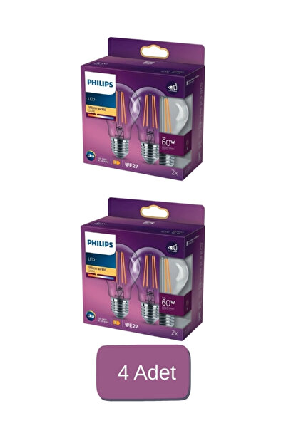 Philips Filament Ampul Şeffaf 60 W Sarı Işık A60 E27 (4'lü)