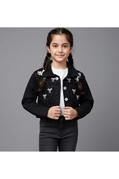 Yonca Çocuk Serci̇no Kids Girls' Bow and Stone Decorated Short Denim Jacket