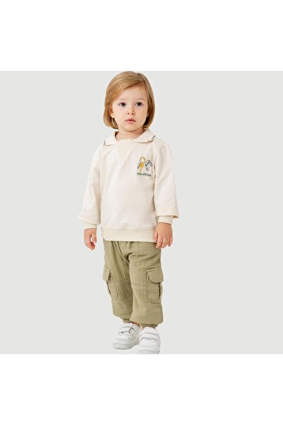 blumi kids طقم سويت شيرت بياقة بولو وبنطلون موسلين - بيج