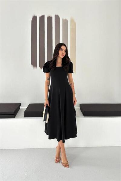 Neşeli Butik Γυναικείο μαύρο φόρεμα με τετράγωνο γιακά και μανίκια μπαλόνι, μ...