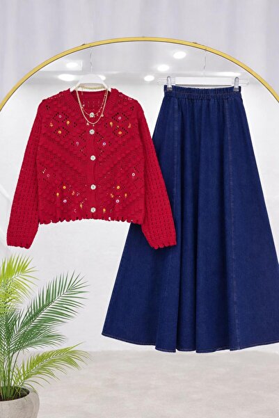 YEDİLALE Tricoted Cardigan with Flowers, Embedded Pockets, Denim Skirt, Two-P...