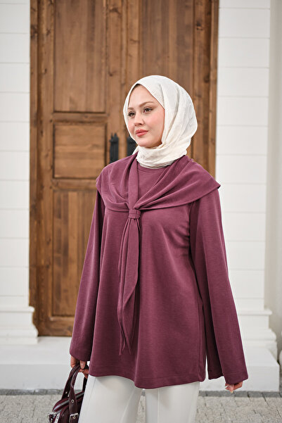 LOCCO Women's Collared Cape Tie-Up Crew Neck Tunic Plum