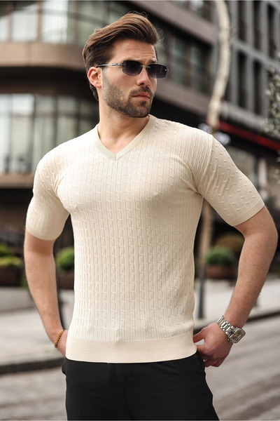 Madmext Stone Color V-Neck Short Sleeve Knitwear Men's T-Shirt E7467