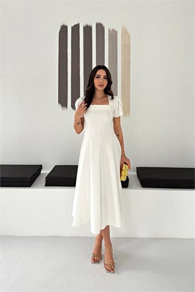 Neşeli Butik Γυναικείο λευκό φόρεμα με τετράγωνο γιακά και μανίκια μπαλόνι, μ...