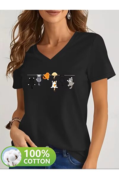 yombaa Дамска блуза с V-образно деколте и къси ръкави, с принт „Седем катерещ...