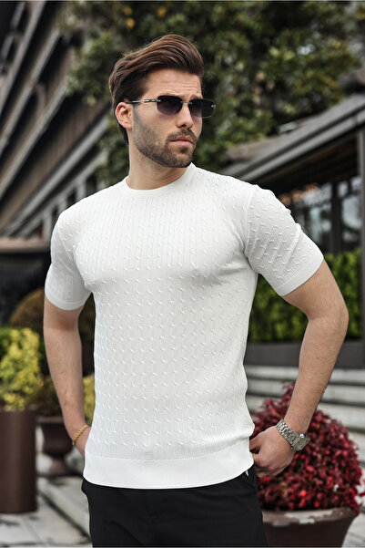 Madmext Λευκό Ανδρικό Πλεκτό Μπλουζάκι με Λαιμόκοψη Τύπου Crew E7468