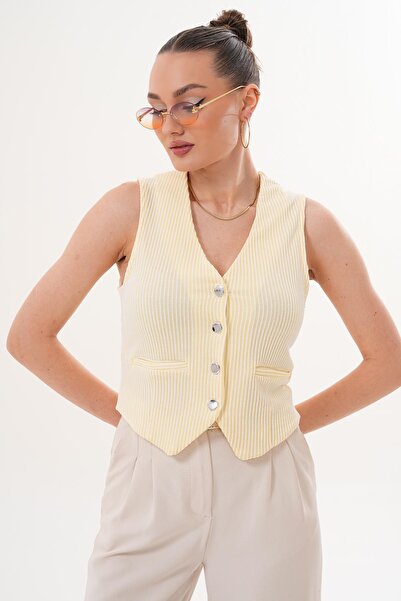 ŞİMAL Women's Stripe Patterned Vest with Button Closure and Pocket Detail 260090