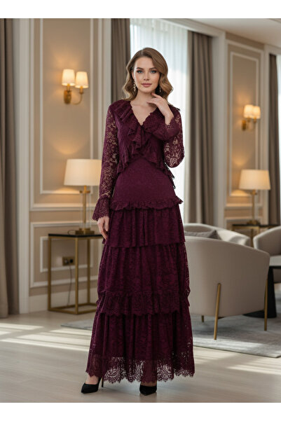 Opera Fashion فستان دانتيل برغندي بطبقات أنيقة بتصميم راقٍ