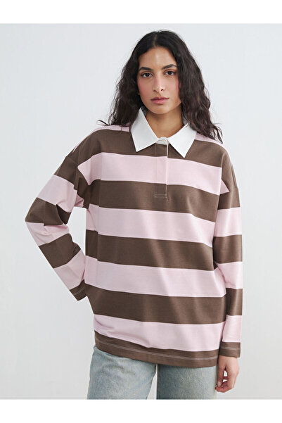LC Waikiki Pink Polo Neck Striped Oversized Women's Sweatshirt Tunic