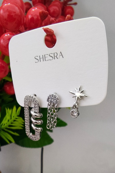 shesra Vip Steel Earrings Silver Women's 3-Piece Minimal Zircon Trendy Allergy-Free Water-Resistant