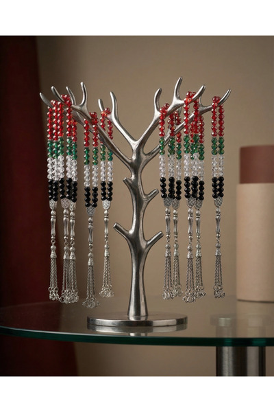 Zaytoon 10'Lu Palestinian Flag Design Handmade Silver Imame Rosary with Cryst...