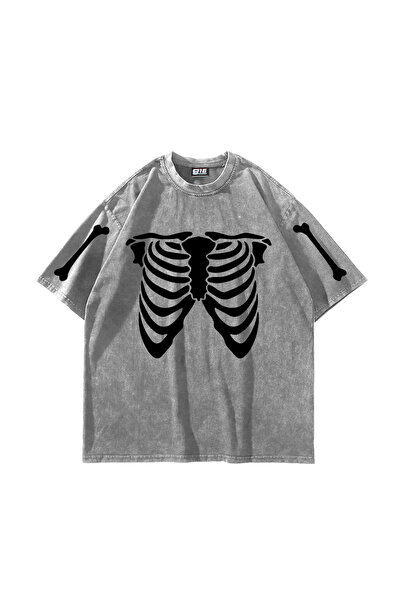 Bak Moda Ribcage Skeleton Printed Oversize Unisex Washable White Tshirt