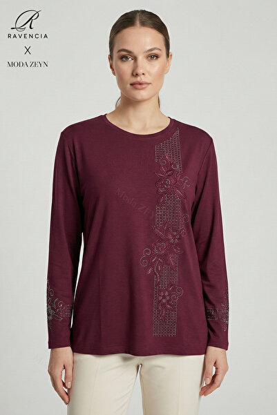 Ravencia Women's Stripe Patterned Collar and Skirt Stoned Embroidered Slit Ly...