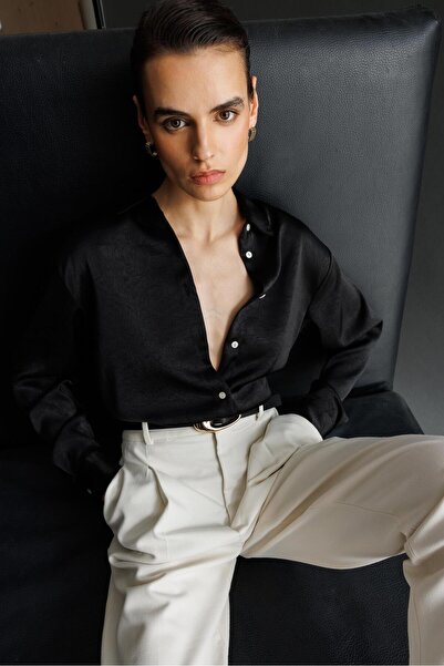 Mixray 4815 Women's Satin Kraş Shirt Black