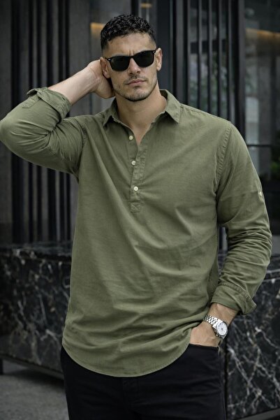 Valiberta Half Pat Collar York Cotton Fabric Long Sleeve Men's Shirt - Light ...