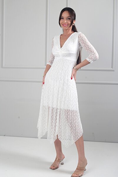 By Saygı Women's Front Knot Detailed Lined Skirts Asymmetrical Lace Midi Dress