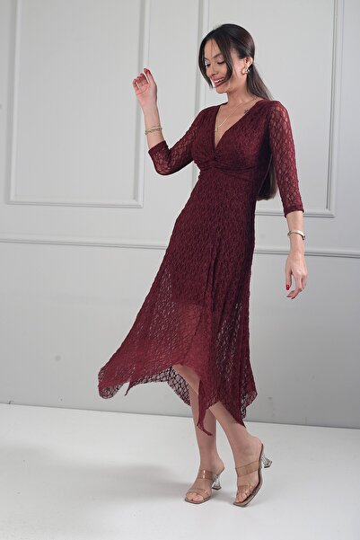 By Saygı Women's Front Knot Detailed Lined Skirts Asymmetrical Lace Midi Dress