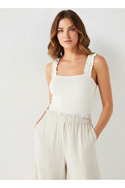 Merlot Square Neck Ruffle Detailed Ribbed Blouse Cream