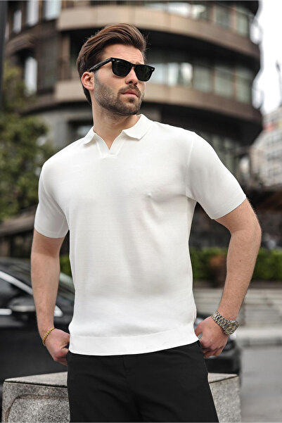 Madmext Λευκό ανδρικό κοντομάνικο πλεκτό μπλουζάκι με λαιμόκοψη πόλο E7463