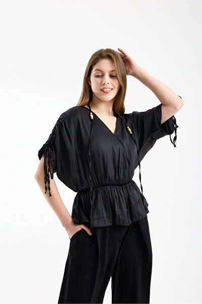 TheyYou Bluză de damă din satin, cu talie și mâneci detaliate - Top elegant d...