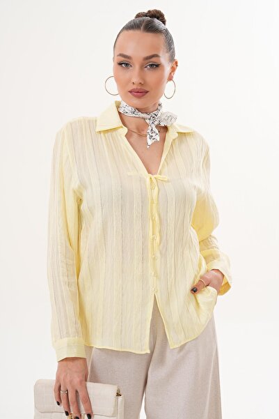 ŞİMAL Women's Striped Patterned Collared Lace-Up Long Sleeve Shirt 260217 -