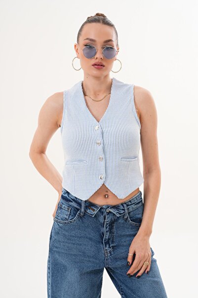 ŞİMAL Women's Stripe Patterned Vest with Button Closure and Pocket Detail 260090