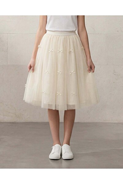 REDTAG Senior Girls Cream Tulle Skirt With Bow Detail
