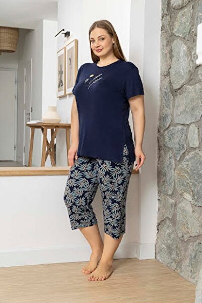 Aydoğan Women's Navy Blue 100% Viscose Leaf Patterned Capri Pajamas Set Large...
