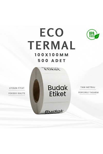 Budak Etiket 100X100 mm Termal Barkod Etiketi – 1 Rulo – (500 Adet / Eco Term...