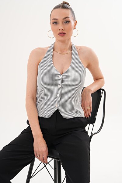 ŞİMAL Women's Stripe Detailed Halter Neck Vest 260089 -
