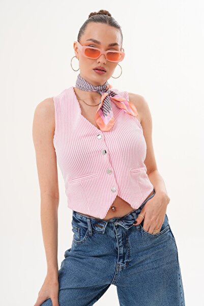 ŞİMAL Women's Stripe Patterned Vest with Button Closure and Pocket Detail 260090