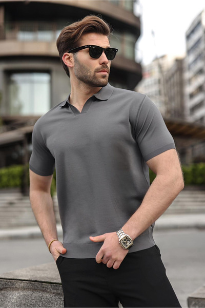 Madmext Anthracite Polo Collar Knitwear Short Sleeve Men's T-Shirt E7463