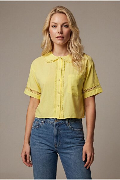 MODAMERSİ Women's Yellow Lace Detailed Short Sleeve Shirt