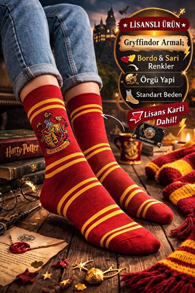 TOYFEST Harry Potter Gryffindor Logo Çorap Lisanslı Örgü Bordo-Sarı Armalı St...