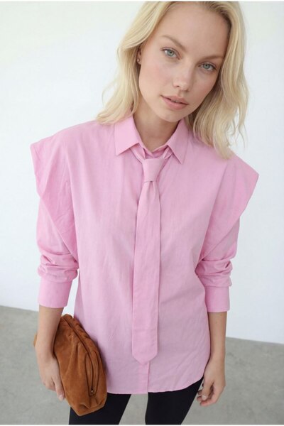 MODAMERSİ Women's Pink Tie Detailed Shirt