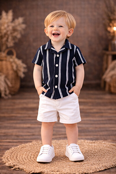 Chicsy Baby Erkek Bebek Çizgili Gömlek Şort Takım Yazlık 2’li Kombin