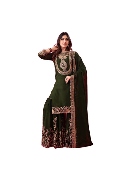 MYSMAR Green Faux Georgette Kurti Palazzo & Dupatta - HRT1347 | Green