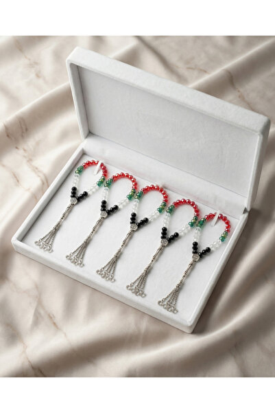 Zaytoon 5-Piece Palestine Flag Design Handmade Silver Imame Rosary with Cryst...