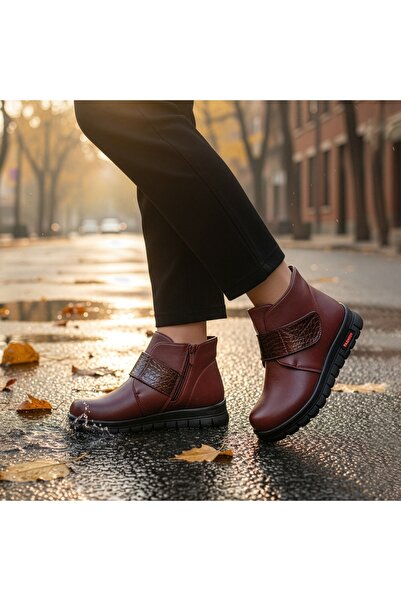 Modlet.ro Women's short burgundy boots with zipper and hook-and-loop straps M...