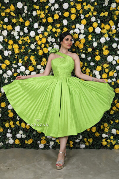 Warazan Soft short evening dress, satin pleated fabric, bow off the shoulder