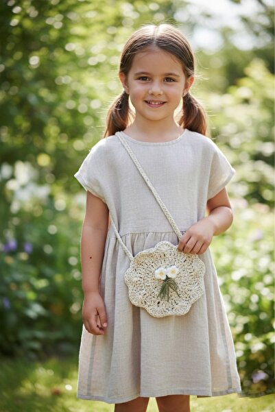 yucin Daisy Embroidered Knitted Girls' Shoulder Bag - Hand-Knitted Straw-Look...