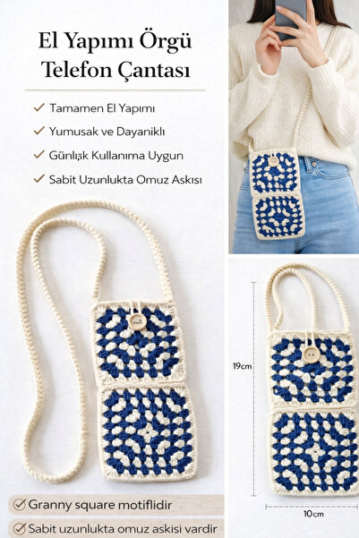 Hobi Kafe White-Navy Blue Hand Knitted Motif Phone Bag