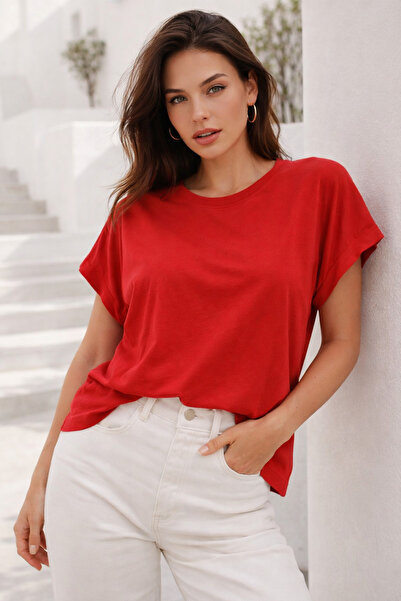 Rich Tricou de damă din bumbac roșu, cu mâneci duble, cu detaliu, croială con...