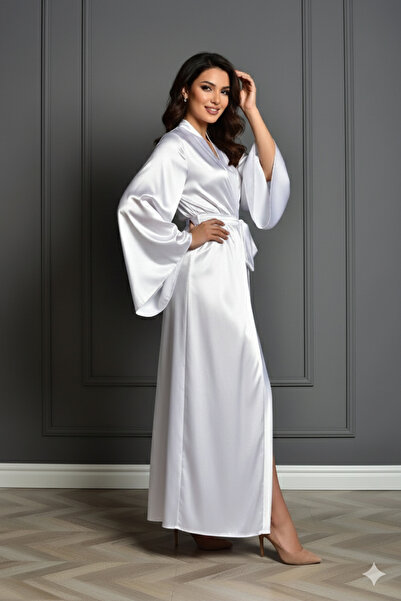 Kaptins Kadın sabahlık Uzun saten biyeli kol lüks düz saten sade