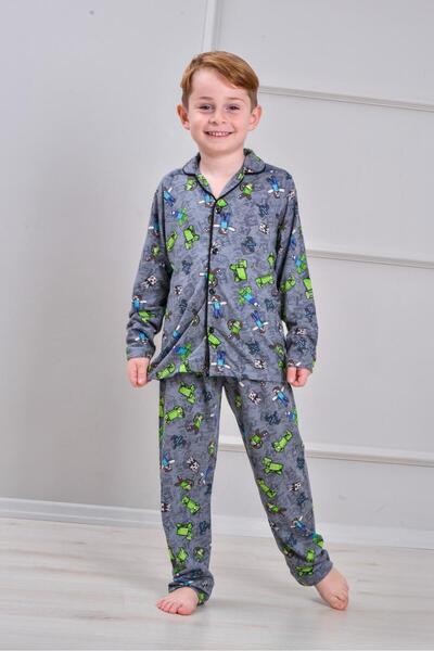 pebby ERKEK ÇOCUK MİNECRAFT DESENLİ DÜĞMELİ PİJAMA TAKIMI + GÖZ BANT DAHİL